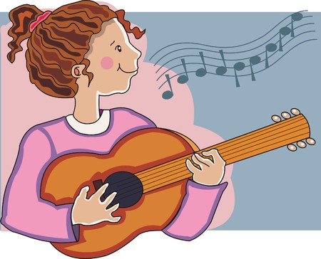 Girl playing beautiful melodies in her guitar. Made in layers. Editable.のイラスト素材