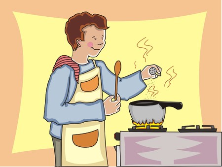 Young man cooking and adding spices to a hot pot on a stove. Made in layers. Editable.のイラスト素材