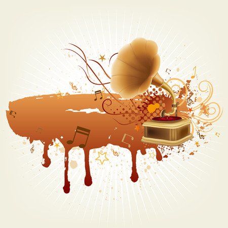 antique gramophone with grunge ink bannerのイラスト素材
