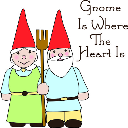 A gnome couple watch over their garden with a not so fierce pitchfork. Use them to add a cheery touch of happiness to your stitching.のイラスト素材