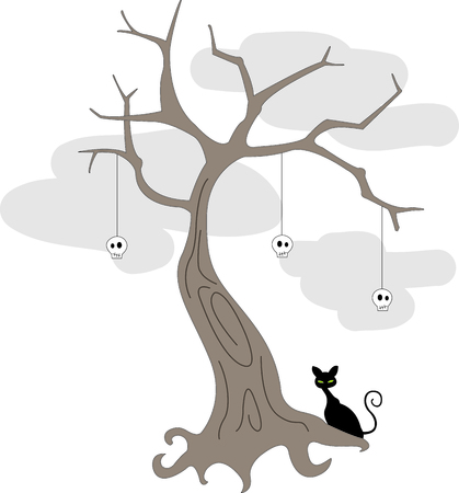 A spooky black kitty watches over this frightful tree decorated with skulls.  Here is a Halloween design that covers all the bases for frightfulness!のイラスト素材
