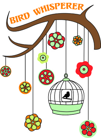 Groovy flowers and a bohemian bird cage hang from this swirly branch creating just the perfect little scene for dressing up your gear.  We love it on a backpack with a name from our instant lettering!のイラスト素材