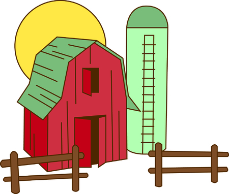 Let's go down on the farm with this colorful barn and silo.  This is a great way to decorate useful kitchen items like hot pads and mitts.のイラスト素材