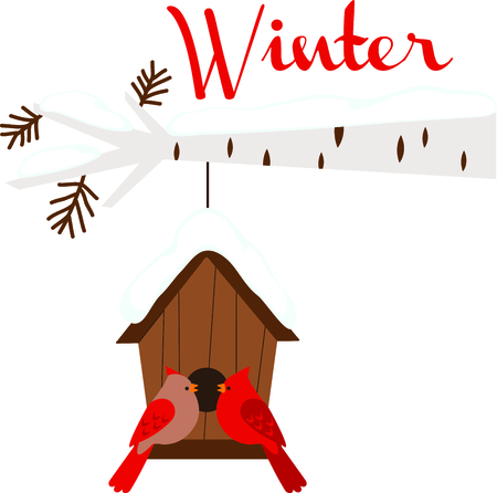 Winter Cardinals hanging at their birdhouse makes a nice design for the season.のイラスト素材