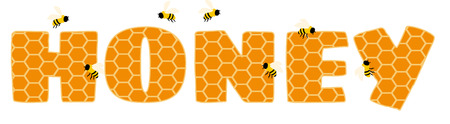 Honeycomb wording surrounded by buzzing bees.
