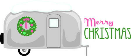 RV enthusiasts will like this snow-covered travel trailer with a Christmas wreath.のイラスト素材