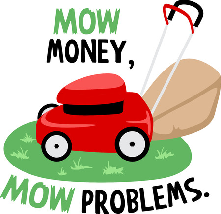 Little red lawn mower sitting on the grass and ready to go.のイラスト素材