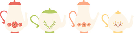 Floral, fruit and herb teapots in a row.のイラスト素材