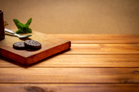 Chocolate cookies on a wooden rustic table. Sweet foodの写真素材