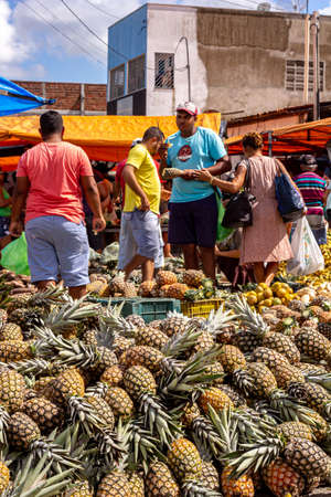 Goianinhia, Rio Grande do Norte. July 13, 2019. Shoppers at a farmers market. Open air market. Picturesque food market.のeditorial素材