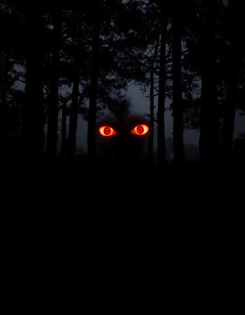 Halloween pumpkin in the dark forest at night. Halloween background.の素材