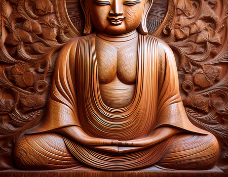 Buddha statue on wood background, 3D rendering. Computer digital drawing.の素材