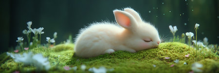 Little white rabbit on a green moss in the forest. Easter conceptの素材