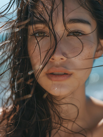 Portrait of a beautiful young woman with wet hair on the beachの素材