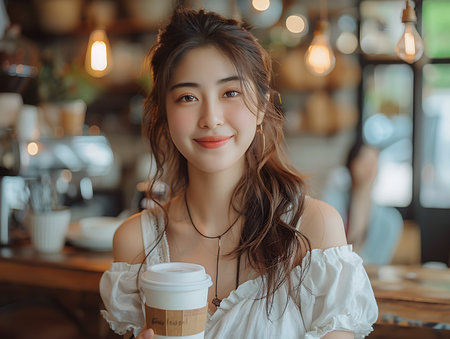 Portrait of young asian woman drinking coffee in coffee shop.の素材