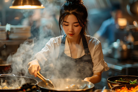 young asian woman chef in apron cooking wok in restaurant kitchenの素材