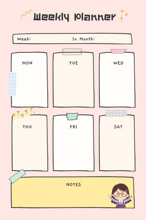 Weekly planner template with cute cartoon girl character.の写真素材