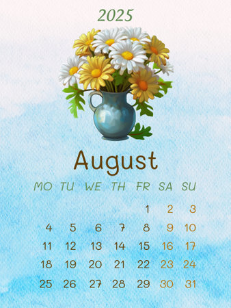 Calendar for August 2025 with bouquet of daisies in vaseの写真素材