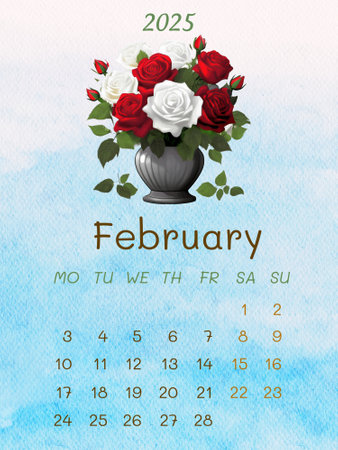 Calendar for February 2025 with roses in a vase on watercolor backgroundの写真素材