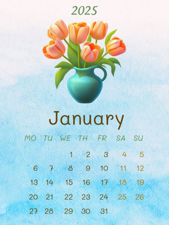 Calendar for 2025 January with tulips in a vase.の写真素材