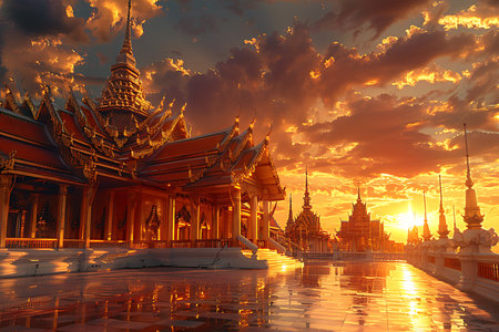 Beautiful sunset in Wat Phra Kaew, Bangkok, Thailandの素材