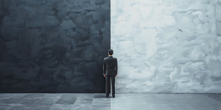 Businessman standing in front of a wall and looking at the futureの素材