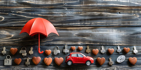 Red car, umbrella and hearts on rustic wooden background with copy spaceの素材