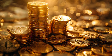 Golden coins on the background of the golden bokeh. The concept of wealth and prosperity.の素材
