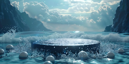 Abstract background with blue water and stone podium. 3d render illustrationの素材