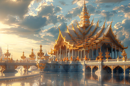 Thai temple in blue sky background. 3d rendering and illustration.の素材