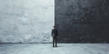 Businessman standing in front of a black wall and looking at itの素材