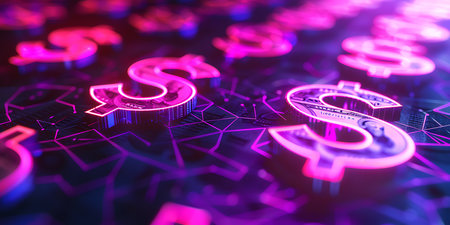 Futuristic glowing dollar symbols on dark background. 3D renderingの素材