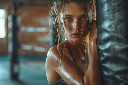 Close-up portrait of a beautiful young woman in sportswear posing in the gym.の素材