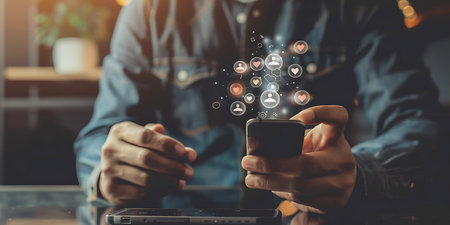 Businessman using mobile phone with social media icons on screen, communication conceptの素材