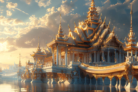 Thai temple in the evening,Thailand.3d renderの素材