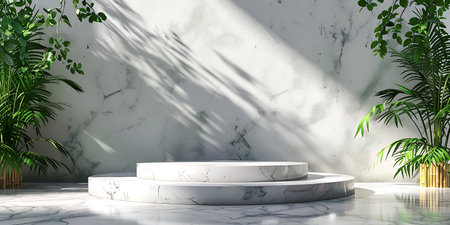 3d render of minimal scene with white marble podium and tropical plantsの素材