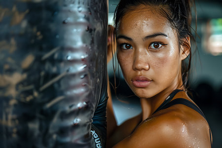 Portrait of a beautiful young Asian woman in the gym. Sport and fitness concept.の素材