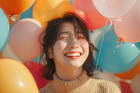 Happy young asian woman with colorful balloons in her hand at birthday partyの素材