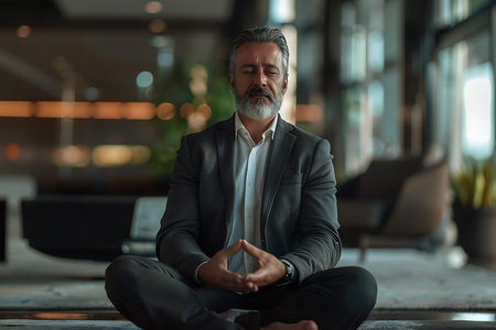 Portrait of mature businessman meditating while sitting in lotus position in officeの素材