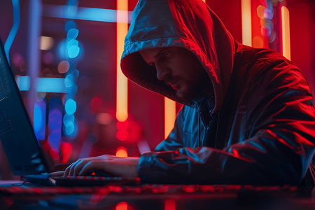 Hacker in hood using laptop in dark room with glowing neon lightsの素材