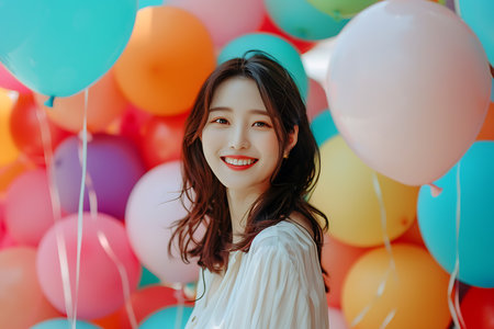 Portrait of young beautiful asian woman with colorful balloons in the parkの素材