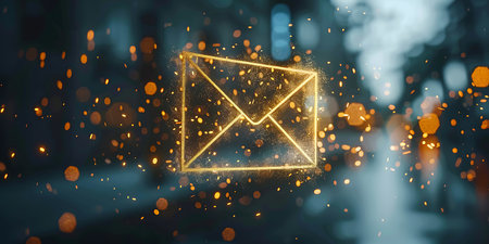Abstract glowing email icon on night city background 3D rendering tonedの素材