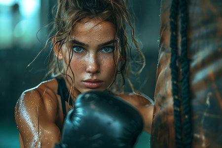 Portrait of beautiful young woman in boxing gloves with wet hair.の素材