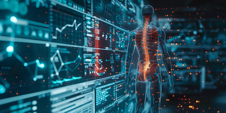science anatomy scan of human body with glowing bones and medical lab test results. 3d renderingの素材