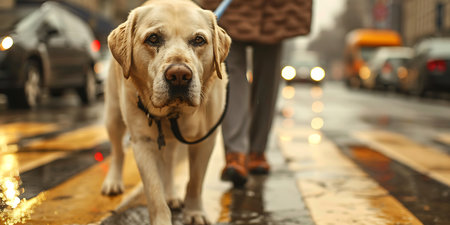 Yellow labrador retriever in the rain on the street of the cityの素材