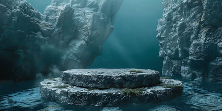 3d render of a stone podium in the sea. Abstract background.の素材