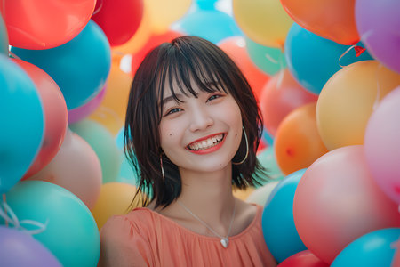 Portrait of young beautiful asian woman with colorful balloons in the parkの素材