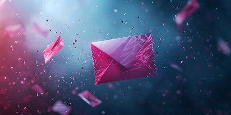 Flying envelopes with confetti on dark background. 3D renderingの素材