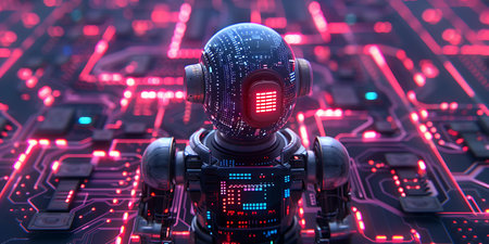 3d rendering humanoid robot on a circuit board with red lights.の素材