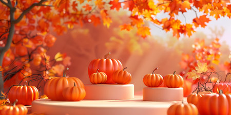 3d render of autumn podium display with pumpkins, leaves and abstract backgroundの素材